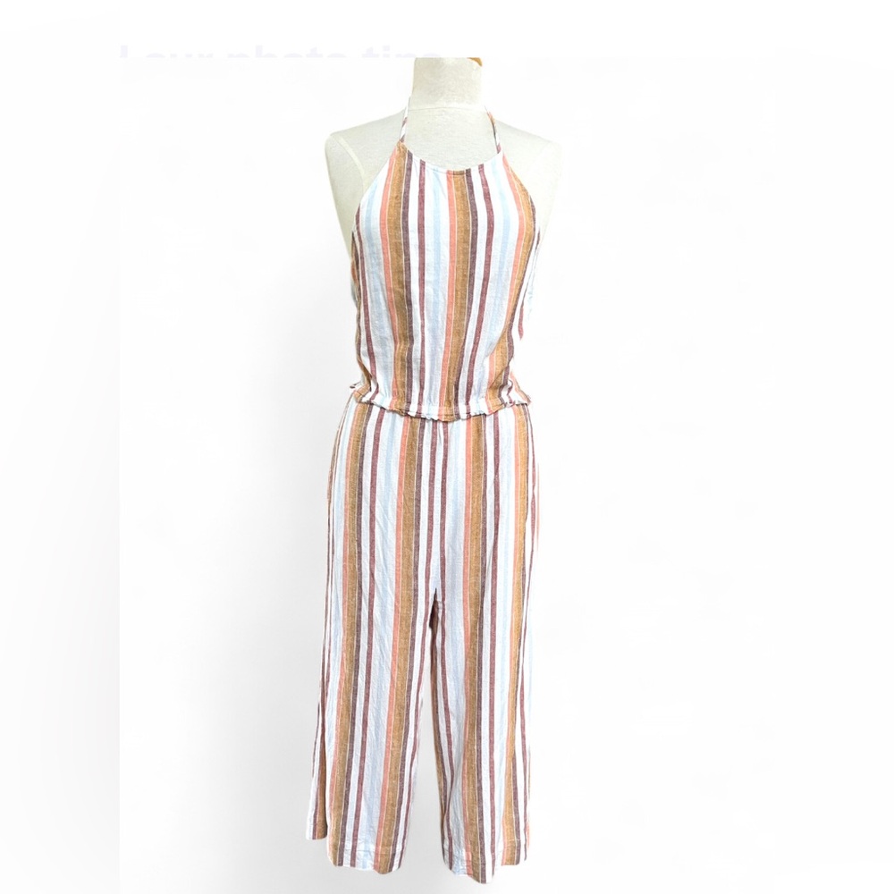 Anthropologie Cloth & Stone Striped Halter Linen  Jumpsuit size Medium